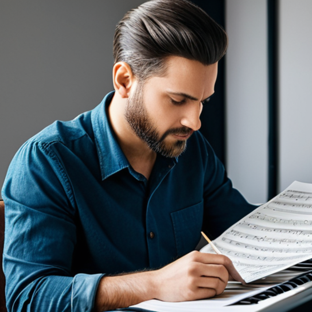 **
A professional songwriter in a modest outfit, sitting at a desk in a music studio, reviewing sheet music with a focused expression, fully clothed, appropriate content, safe for work, perfect anatomy, natural proportions, family-friendly, professional setting.
**