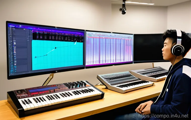 작곡가의 창작 과정에서의 협업 - **Prompt 1: Global K-Pop Song Camp in Action**
    A vibrant, modern music studio bustling with crea...