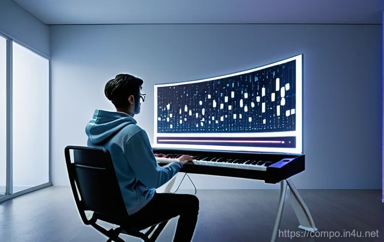 작곡가의 창작 과정에서의 협업 - **Prompt 2: The Modern Composer as a Creative Director**
    A sleek, minimalist creative office spa...