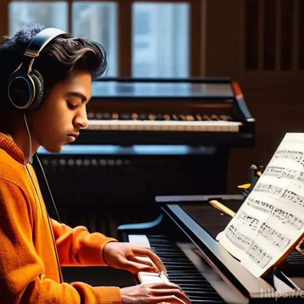 작곡가의 경력 진로 매핑 - A diverse group of young adult composers, aged 20s to 30s, deeply engrossed in their musical studies...