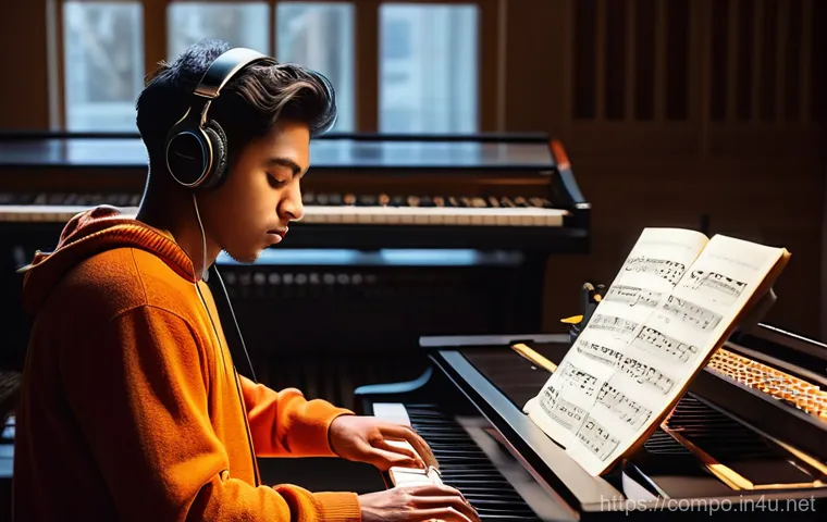 작곡가의 경력 진로 매핑 - A diverse group of young adult composers, aged 20s to 30s, deeply engrossed in their musical studies...