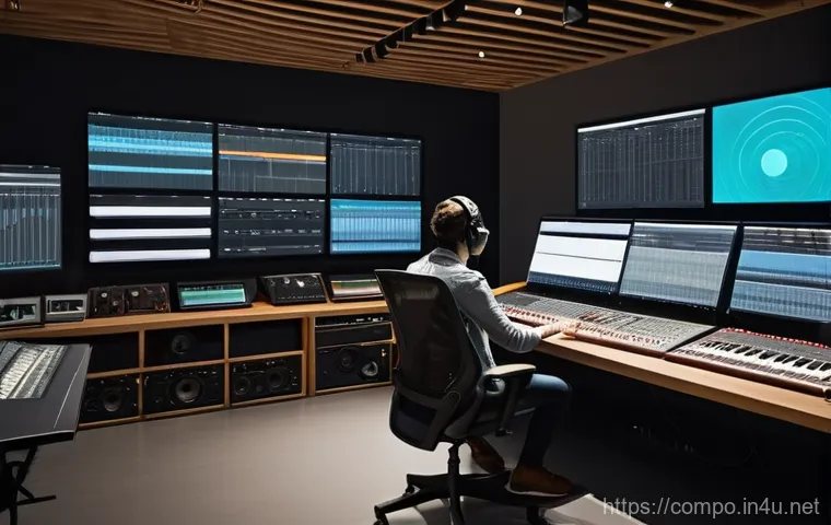 작곡가의 경력 진로 매핑 - A diverse group of young adult composers, aged 20s to 30s, deeply engrossed in their musical studies...