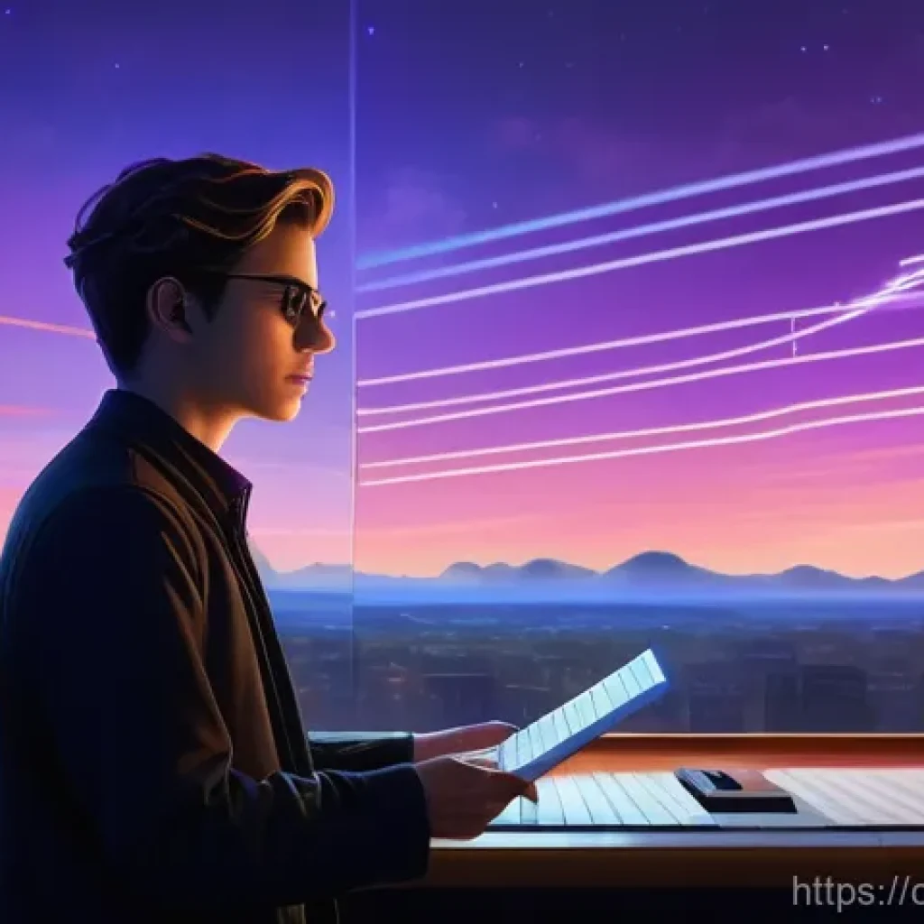 작곡가의 전공 선택 팁 - A young, determined composer, gender-neutral, stands at a pivotal crossroads at dusk. One path leads...