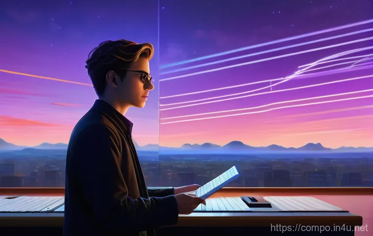 작곡가의 전공 선택 팁 - A young, determined composer, gender-neutral, stands at a pivotal crossroads at dusk. One path leads...