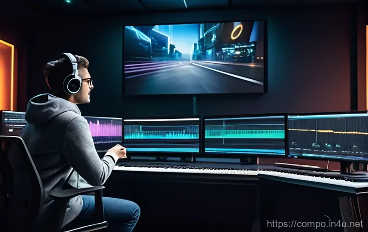 작곡가의 전공 선택 팁 - A young, determined composer, gender-neutral, stands at a pivotal crossroads at dusk. One path leads...