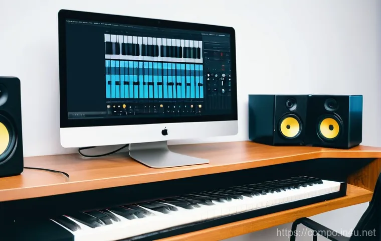 작곡가의 창작 환경과 창의성 - A male composer in his late 30s, with a thoughtful expression, is seated at a large, modern desk in ...