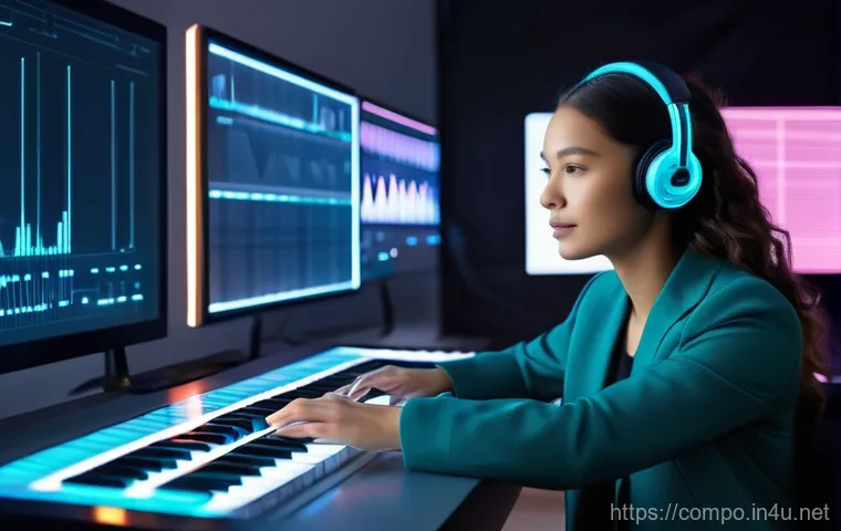 작곡가의 창작 환경과 창의성 - A male composer in his late 30s, with a thoughtful expression, is seated at a large, modern desk in ...