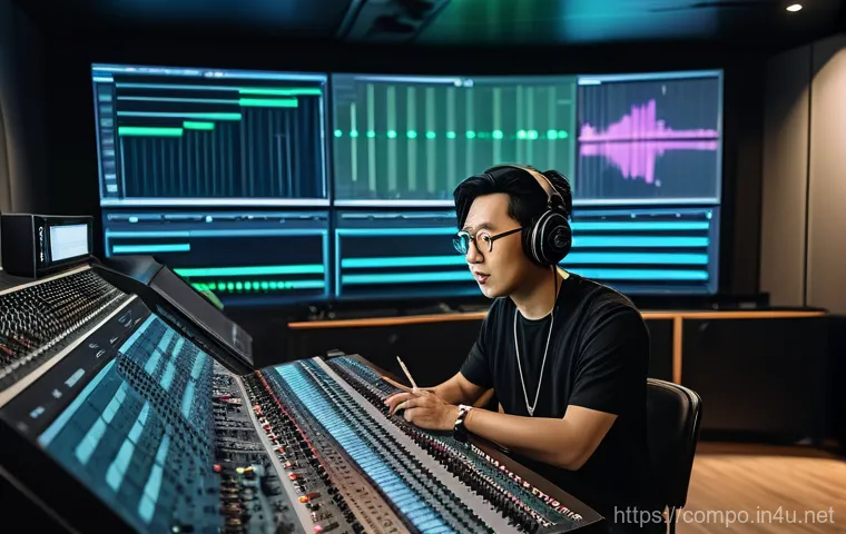 작곡가의 창작 환경과 창의성 - In a futuristic music studio, a female composer in her late 20s, with a focused and engaged expressi...