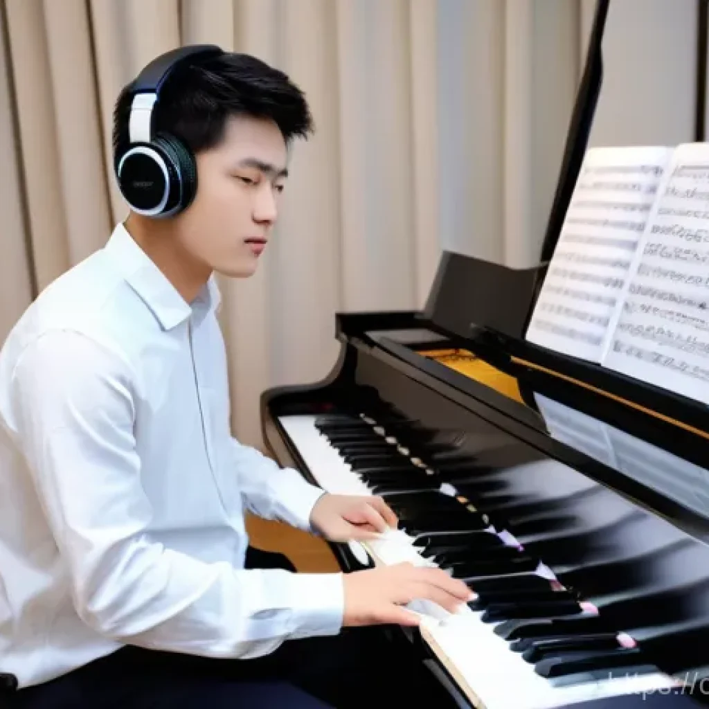 작곡가의 경력 발전 전략 - A focused young composer, dressed in contemporary smart casual attire, sits amidst a blend of musica...