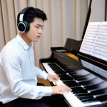 작곡가의 경력 발전 전략 - A focused young composer, dressed in contemporary smart casual attire, sits amidst a blend of musica...