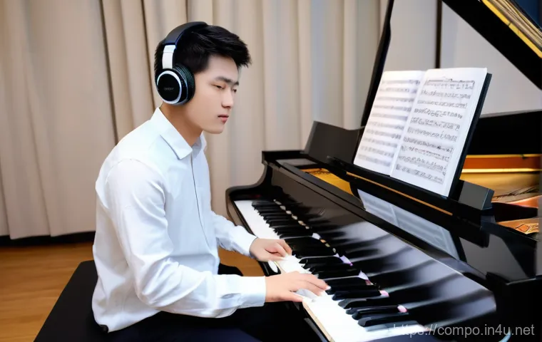 작곡가의 경력 발전 전략 - A focused young composer, dressed in contemporary smart casual attire, sits amidst a blend of musica...