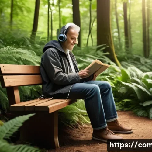 Home 11 작곡가로서의 창의적 작업 방식 - A serene outdoor scene capturing a composer sitting on a wooden bench in a lush forest, surrounded b...