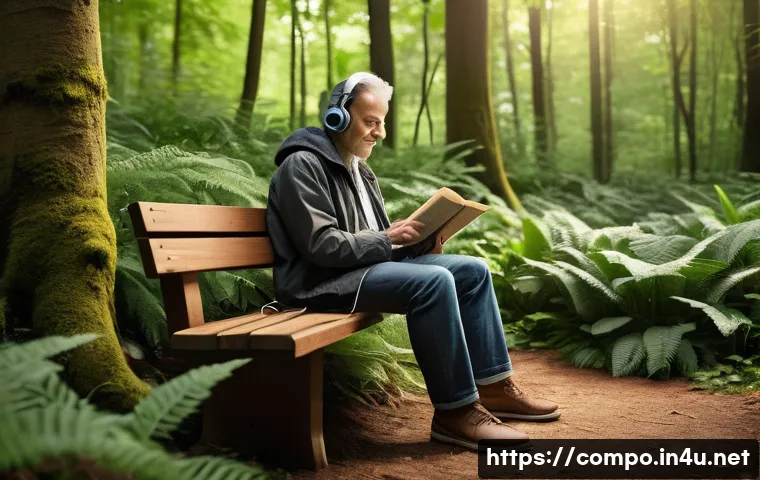 작곡가로서의 창의적 작업 방식 - A serene outdoor scene capturing a composer sitting on a wooden bench in a lush forest, surrounded b...